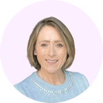 The image shows a smiling woman with short blonde hair wearing a light blue top against a light purple background.