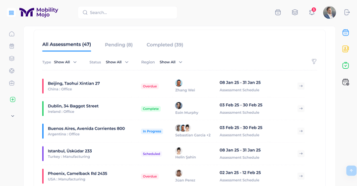 This image shows a calendar view of upcoming assessments or meetings, with details such as location, date, and participants. The layout is organized and easy to navigate, providing a clear overview of scheduled events.