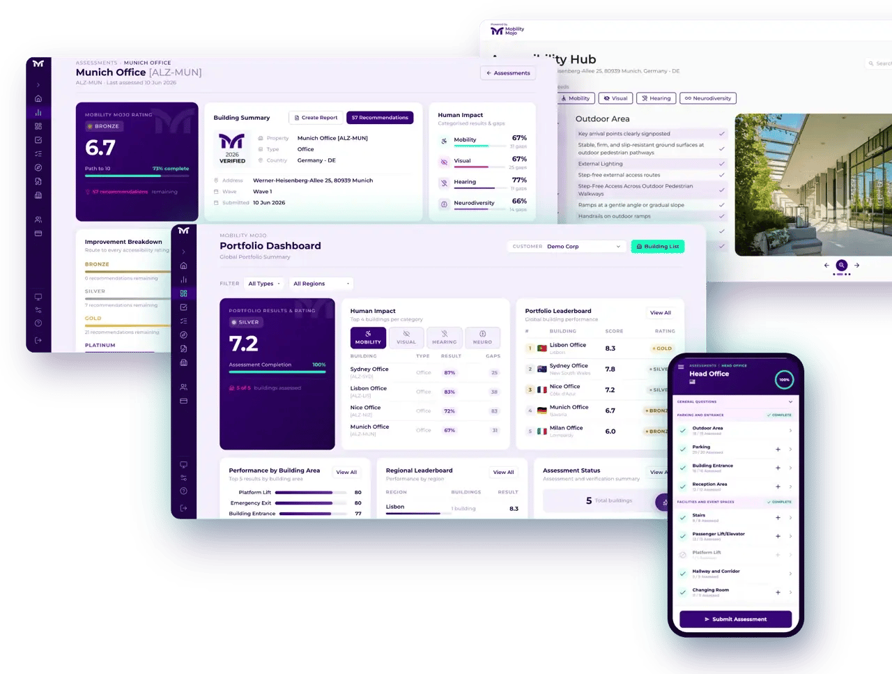 The Mobility Mojo platform: mobile Assessment Tool, Building Dashboard, Portfolio Dashboard and public Accessibility Hub