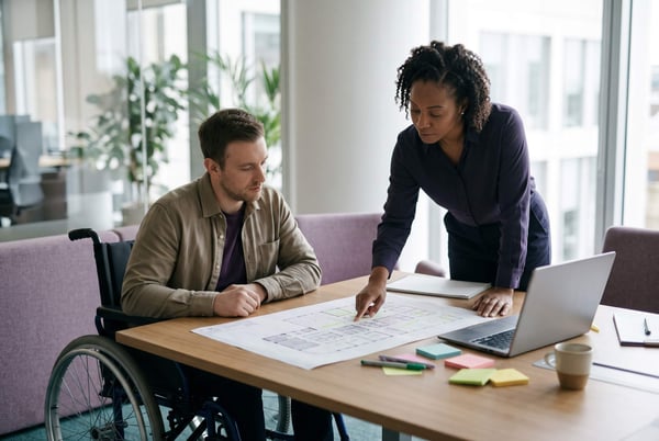 Two colleagues, one a wheelchair user, planning building improvements together over a highlighted floor plan and a laptop
