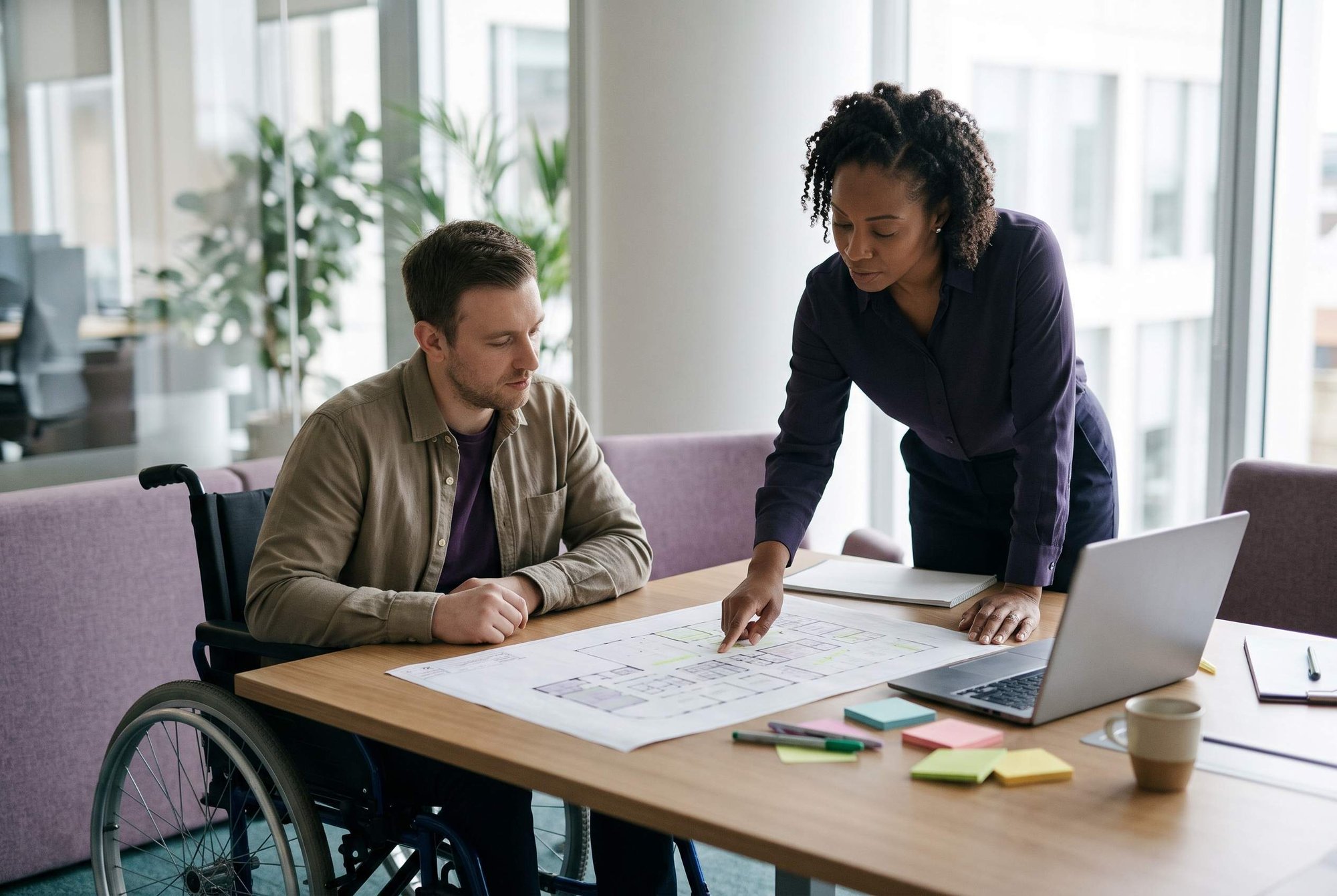 Two colleagues, one a wheelchair user, planning building improvements together over a highlighted floor plan and a laptop