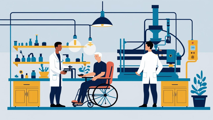 The image depicts a medical laboratory or research facility. It shows several people, including a person in a wheelchair, interacting with various scientific equipment and instruments. The scene conveys a sense of collaboration and scientific inquiry.