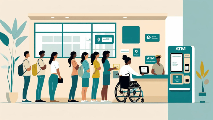 The image depicts a diverse group of people waiting in line at a bank, with an ATM machine visible. A person in a wheelchair is also present, highlighting the accessibility of the banking services.