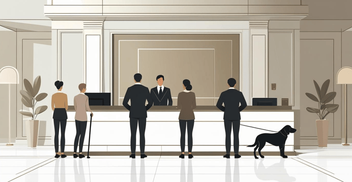 The image depicts a hotel lobby or reception area, with a group of people standing at the front desk. The scene includes a service dog, and the overall setting is a hotel lobby.