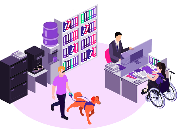 The image depicts an office setting with various people and objects. It shows a person in a wheelchair, a person with a guide dog, and other individuals working at desks. The background includes shelves, filing cabinets, and other office equipment, suggesting an inclusive and accessible workspace.