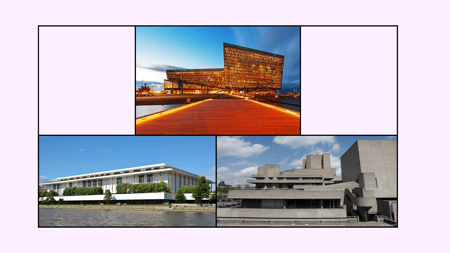 This image is a collage of several modern architectural structures. It includes a large, angular building with a distinctive facade, as well as several other contemporary buildings with clean lines and glass facades. The structures appear to be located in an urban setting, with a paved walkway or plaza visible in the foreground.