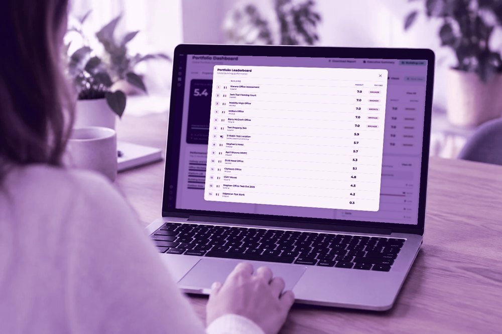 A team member reviewing live building scores on a laptop