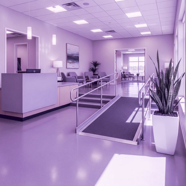A reception area with a handrailed ramp beside a short flight of steps