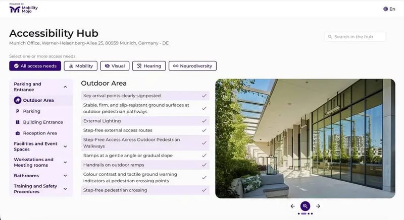 Public Accessibility Hub page listing a building's accessible features