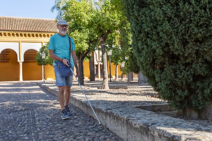 A man using a cane and wearing a blue shirt and shorts is walking on a cobblestone path surrounded by trees and buildings.
